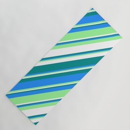 [ Thumbnail: Dark Cyan, Blue, Green & White Colored Striped Pattern Yoga Mat ]