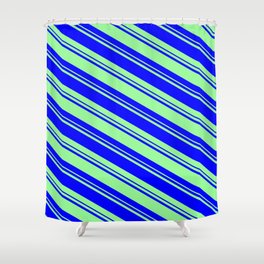 [ Thumbnail: Blue and Green Colored Lines/Stripes Pattern Shower Curtain ]