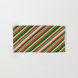 [ Thumbnail: Light Pink, Sienna, and Dark Green Colored Stripes Pattern Hand & Bath Towel ]