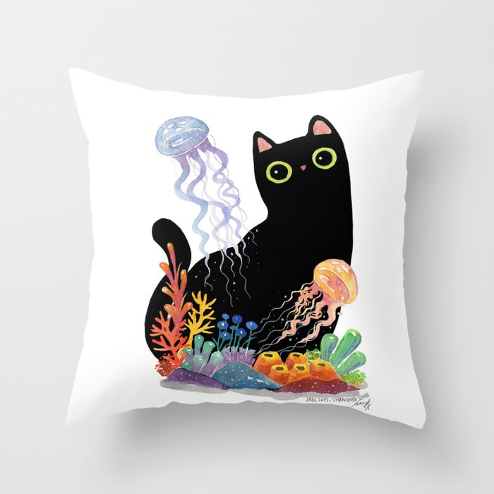 the Aquarium Cat _ Jellyfish Throw Pillow