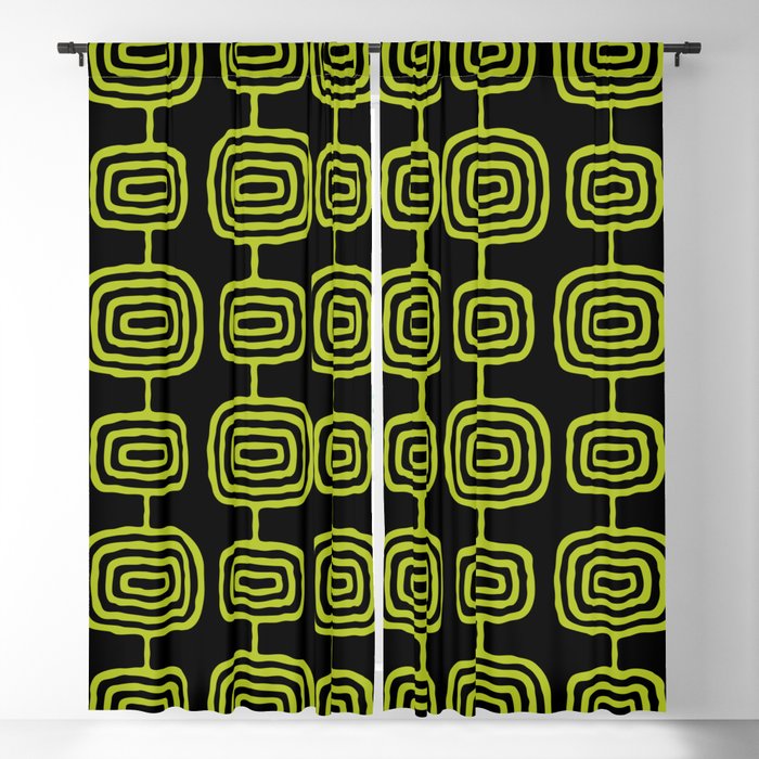 Mid Century Modern Atomic Rings Pattern Black and Chartreuse Blackout Curtain