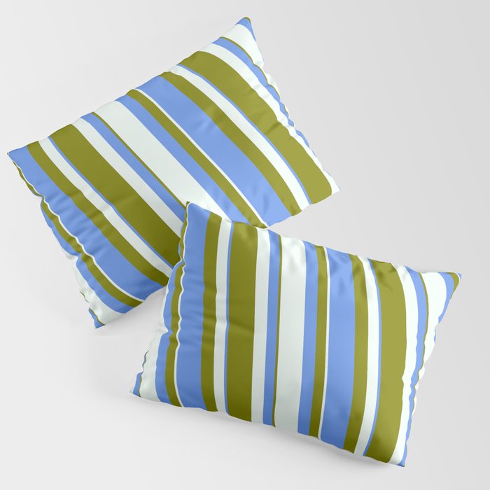 Mint Cream, Green & Cornflower Blue Colored Striped/Lined Pattern Pillow Sham