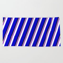 [ Thumbnail: Colorful Grey, Dark Violet, White, Blue & Black Colored Stripes Pattern Beach Towel ]