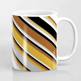 [ Thumbnail: Eyecatching Goldenrod, Grey, Mint Cream, Black, and Brown Colored Stripes Pattern Coffee Mug ]