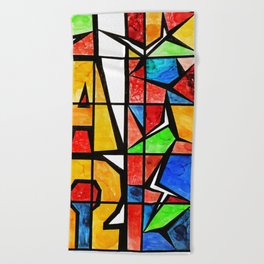 Qubism, Alpha, Omega, stained glass, abstract, square, revelation, bible, Jesus, Christ Beach Towel