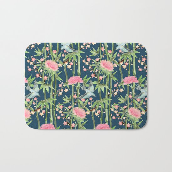 Bamboo, Birds and Blossom - dark teal Bath Mat