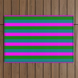 [ Thumbnail: Fuchsia, Green & Teal Striped Pattern Outdoor Rug ]