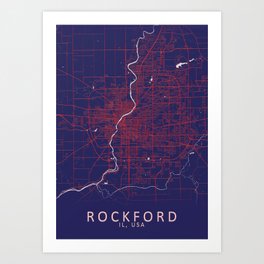 Rockford, IL, USA, Blue, White, City, Map Art Print