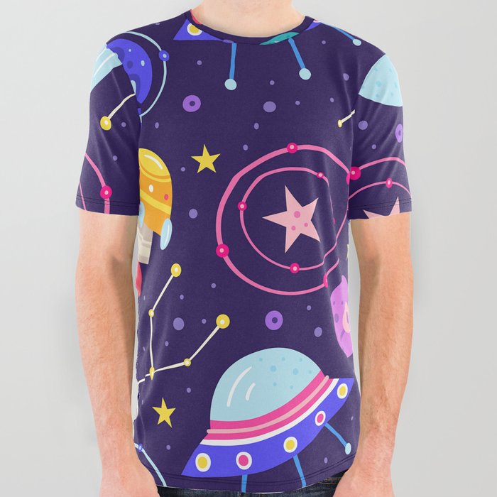 Brightly Colored Outer Space Pattern All Over Graphic Tee