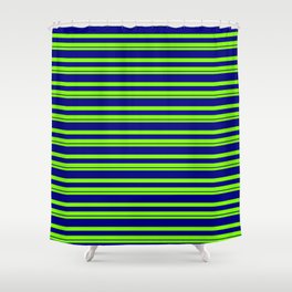 [ Thumbnail: Chartreuse and Blue Colored Lines/Stripes Pattern Shower Curtain ]