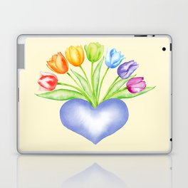 Rainbow Tulips with Heart, Yellow Background Laptop & iPad Skin