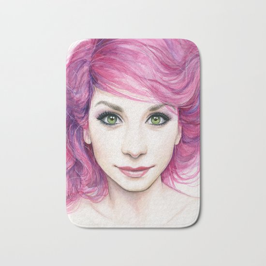 Pink Hair Green Eyes Beautiful Girl Bath Mat