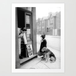 Vintage 'No Dog Biscuits Today' Humorous Little Girl, Dog, and Italian Market black and white photography / photograph Art Print