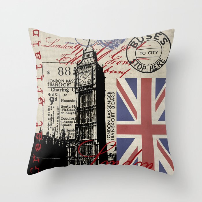 London Great Britain Big Ben Flag Collage Throw Pillow