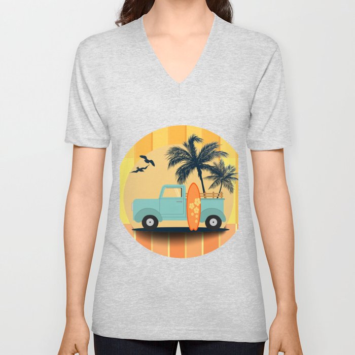 Retro Surfer Pick-up Truck Summer Palm Tree V Neck T Shirt