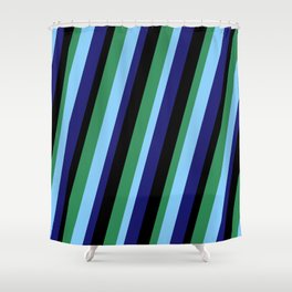 [ Thumbnail: Midnight Blue, Black, Sea Green & Light Sky Blue Colored Stripes Pattern Shower Curtain ]