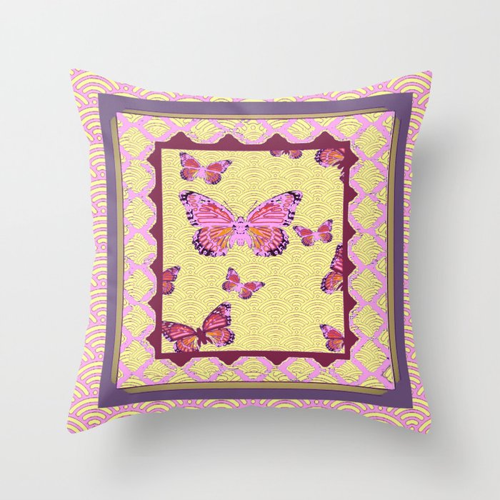 Pink Butterflies Puce-cream Asian Pattern Art Throw Pillow