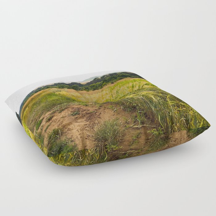 Trail though the wheat field to the river agriculture landscape  Floor Pillow