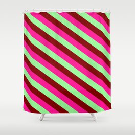 [ Thumbnail: Deep Pink, Green & Maroon Colored Striped Pattern Shower Curtain ]
