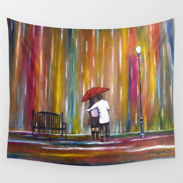 Love in a twilight colorful rain; couple with red umbrella romantic portrait painting by Manjiri Wall Tapestry