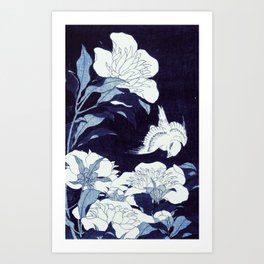 Peonies and Canary : Japanese Flowers Deep Dark Blue Art Print