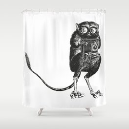 Say Cheese! | Tarsier with Vintage Camera | Black and White | Shower Curtain