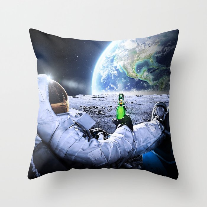 Astronaut on the Moon with beer Throw Pillow