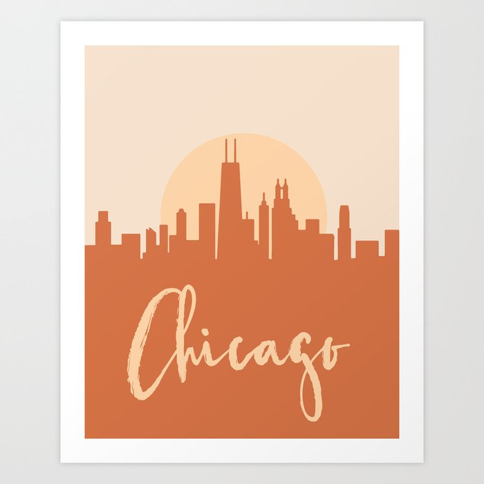 CHICAGO ILLINOIS CITY SUN SKYLINE EARTH TONES Art Print