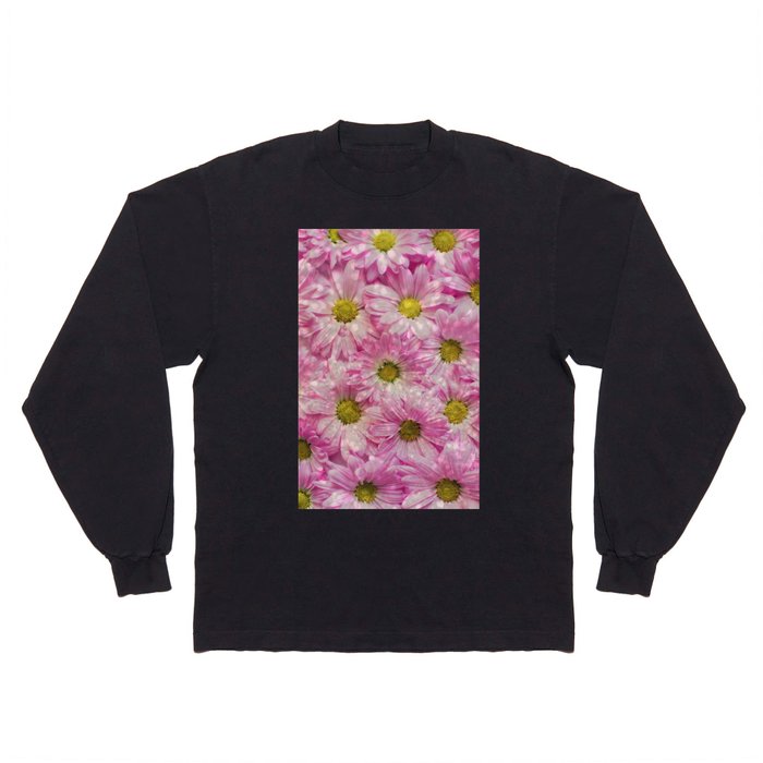 Elegant Pink White Yellow Glitter Daisies Floral Long Sleeve T Shirt