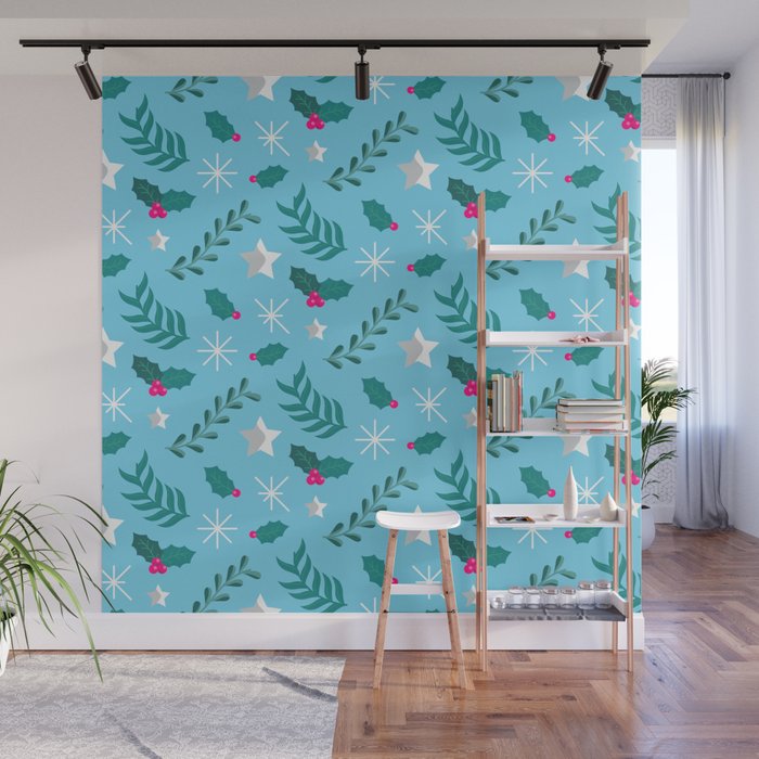 Christmas Pattern Turquoise Floral Pine Mistletoe Wall Mural