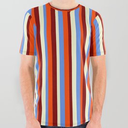 [ Thumbnail: Cornflower Blue, Red, Maroon & Light Yellow Colored Striped Pattern All Over Graphic Tee ]