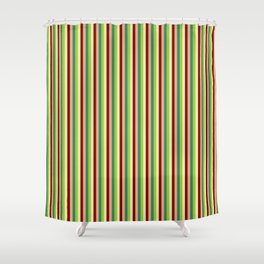 [ Thumbnail: Vibrant Beige, Green, Sea Green, Tan & Dark Red Colored Striped/Lined Pattern Shower Curtain ]