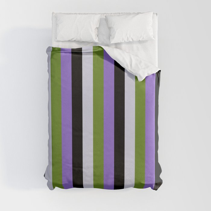 Purple, Green, Lavender & Black Colored Lined/Striped Pattern Duvet Cover
