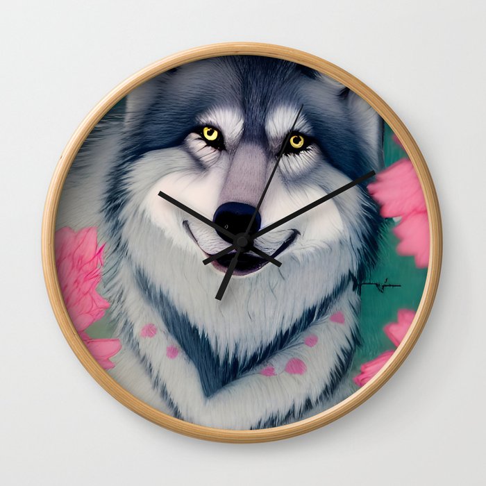 Wolf with Spring Flowers Wall Clock