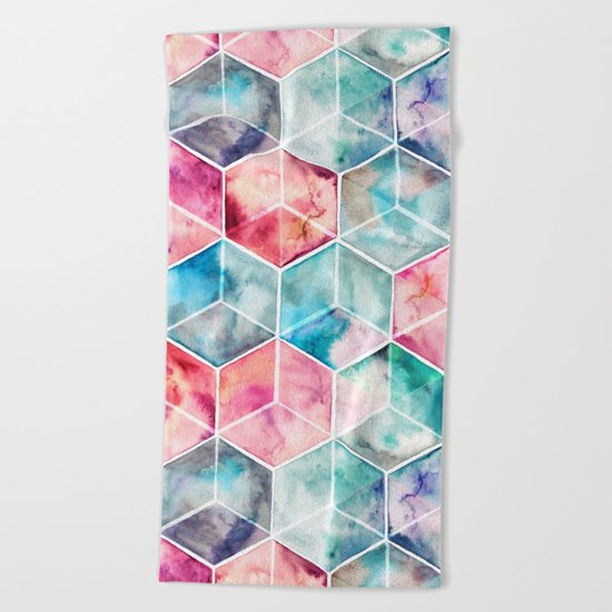 Translucent Watercolor Hexagon Cubes Beach Towel