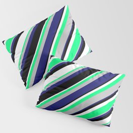 [ Thumbnail: Green, Grey, Midnight Blue, Black & White Colored Stripes Pattern Pillow Sham ]