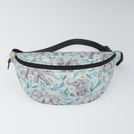 Baby Elephants and Egrets in Watercolor - egg shell blue Fanny Pack
