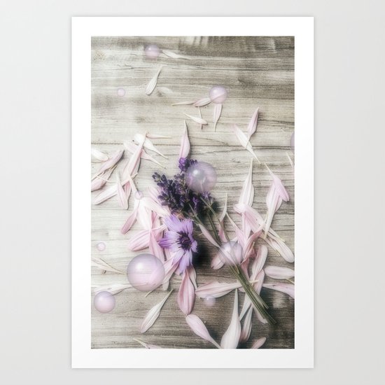 Bubbles, flowers, petals, and planks Art Print