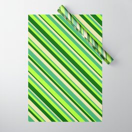 [ Thumbnail: Light Green, Dark Green, Pale Goldenrod & Sea Green Colored Lines Pattern Wrapping Paper ]