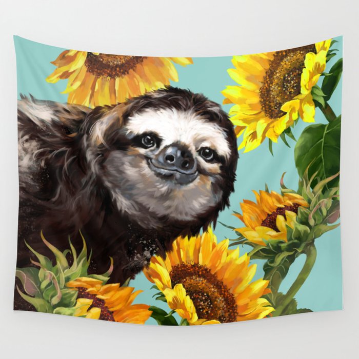 Sloth with Sunflowers Wall Tapestry
