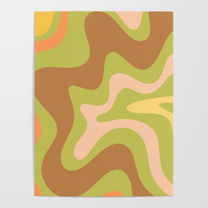 Retro Liquid Swirl Abstract Pattern Square 60s 70s Light Green Brown Yellow Orange Blush Poster