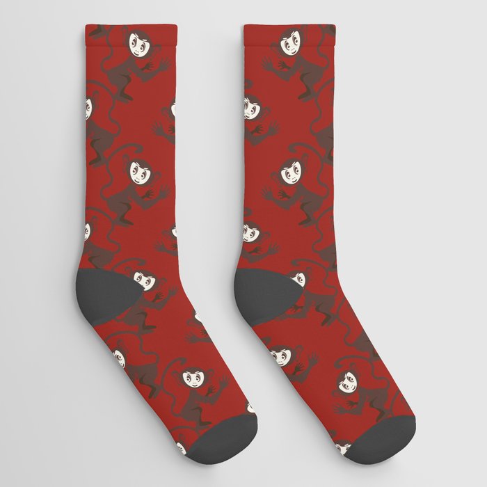 Cute Cartoon Monkey Pattern on Christmas Red Socks