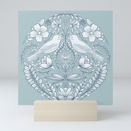 Modern folk art birds and flowers in white and blue Mini Art Print