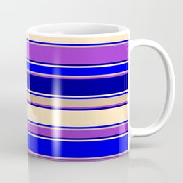 [ Thumbnail: Colorful Dark Orchid, Dark Blue, Beige, Blue & Tan Colored Striped Pattern Coffee Mug ]