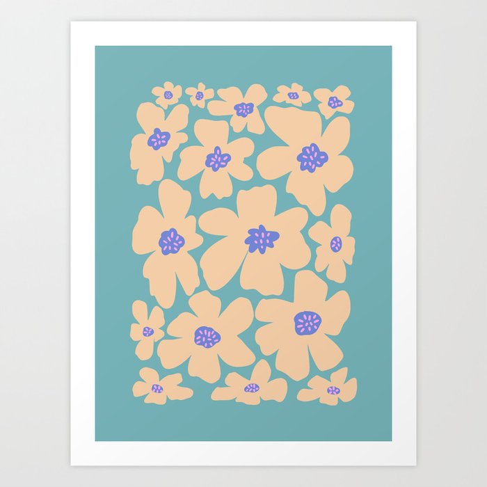 Retro Daisy - Turquoise, Very Peri, Pink, cream Art Print