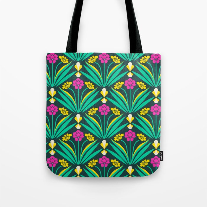 Art deco floral pattern in green, pink, and yellow Tote Bag