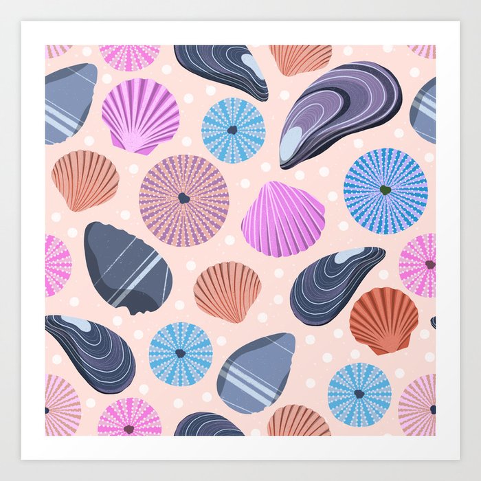 Seashell pattern on pink / beach finds / pebbles pattern / sea urchins Art Print
