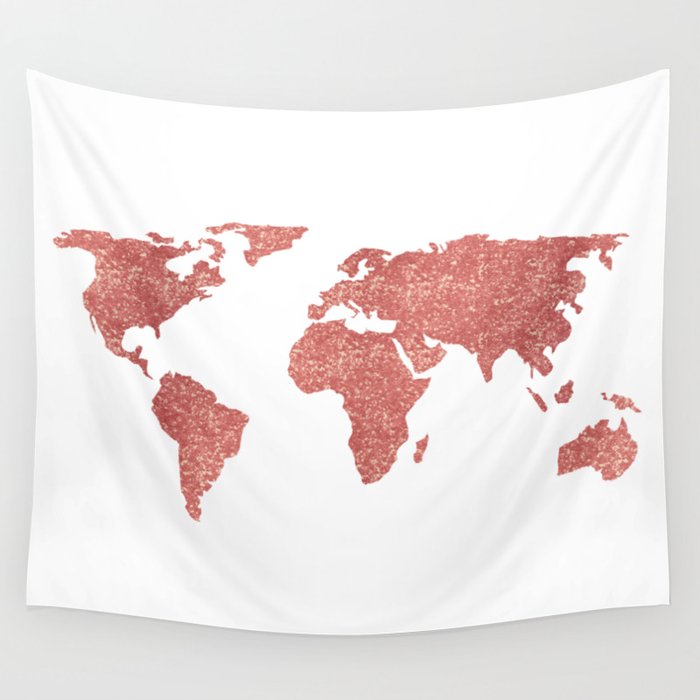 World Map Rose Gold Glitter Wall Tapestry