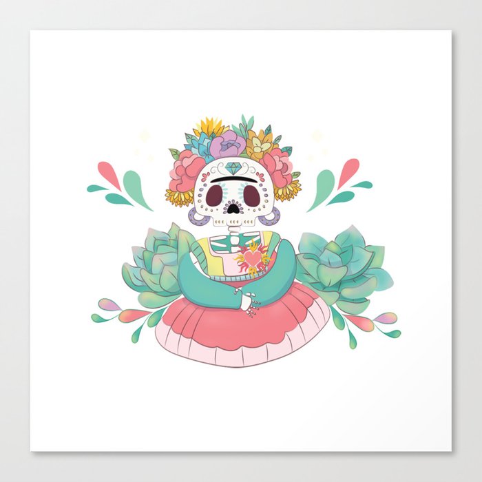 Mexican Catrina celebrating Day of the Death Kawaii style Canvas Print
