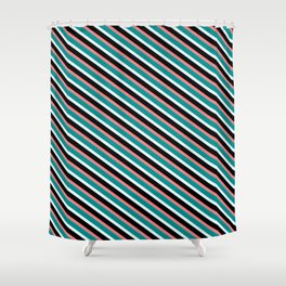 [ Thumbnail: Light Coral, Dark Cyan, Light Cyan, and Black Colored Lined/Striped Pattern Shower Curtain ]
